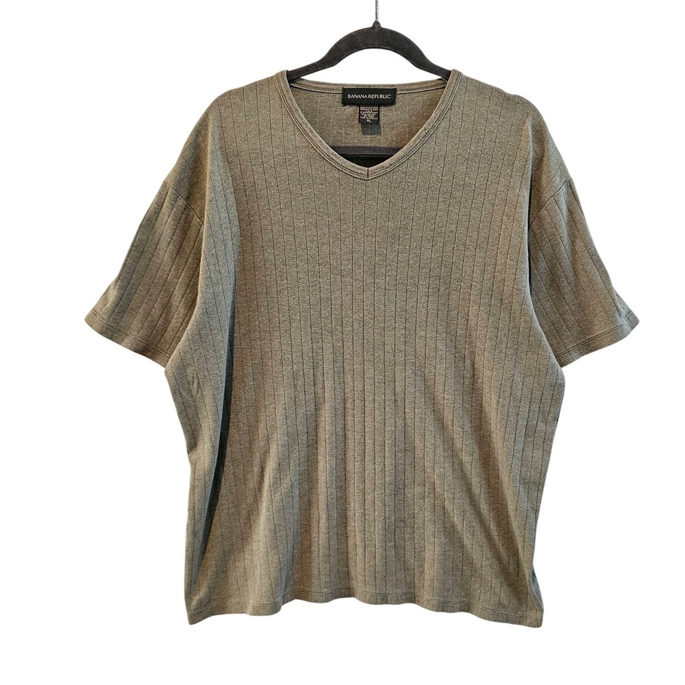 Banana Republic Mens XL Olive Green Ribbed Knit V-Neck Short Sleeve Cotton Shirt